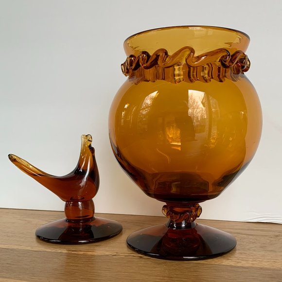VTG Compote Hand Blown Rigaree Trim Lidded Rooster Amber Pedestal Art Glass - Picture 2 of 12
